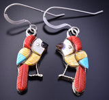 Silver & Coral Multistone Zuni Inlay Parrot Earrings by Stephen Lonjose 3J22A