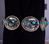 Vintage Concho Belt by Elaine Sam Turquoise, Coral and Bearclaws - 5L11Q