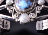Silver & Golden Hills Turquoise Fresh Pearl Navajo Bracelet by Erick Begay 5F30E