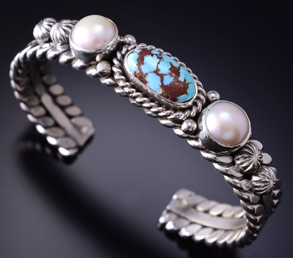 Silver & Golden Hills Turquoise Fresh Pearl Navajo Bracelet by Erick Begay 6F28R