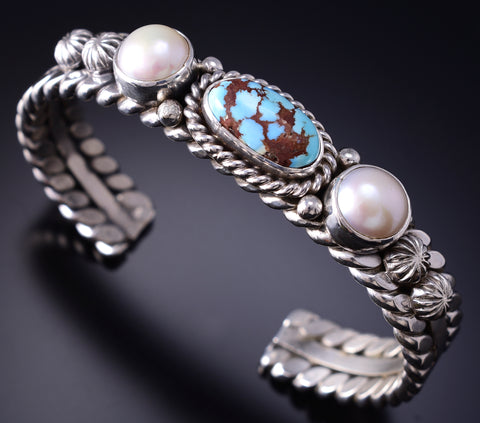 Silver & Golden Hills Turquoise Fresh Pearl Navajo Bracelet by Erick Begay 6F28R