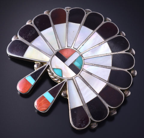 Vintage Silver & Turquoise Multistone Zuni Inlay Sunface Pendant/Brooch 5F10M