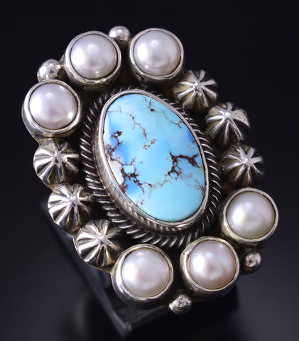 Size 6 Silver & Golden Hills Turquoise Fresh Pearl Navajo Ring Erick Begay 5F30H