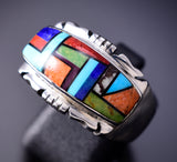 Size 10-3/4 Silver & Turquoise Multistone Navajo Inlay Ring stamped DD 6F09Z