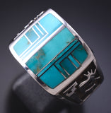 Vintage Size 11-1/2 Silver & Turquoise Navajo Inlay Kokpelli Men's Ring 6E14L