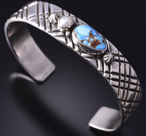 Silver & Golden Hills Turquoise Fresh Pearl Navajo Bracelet by Erick Begay 5H01Q