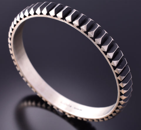 Silver Navajo Handmade Mountains Bangle Bracelet by Leander Tahe 4F10C