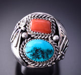 Size 11-3/4 Silver & Turquoise w/ Coral Navajo Ring by Leonard Spencer 4A12V