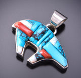 Reversible Silver & Turquoise Multistone Navajo Cobblestone Inlay Strong Bear Pendant by Calvin Begay 3F12Z
