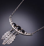 Vintage 20" Silver & Onyx Eagle Feathers Navajo Necklace by RL 6H31Z