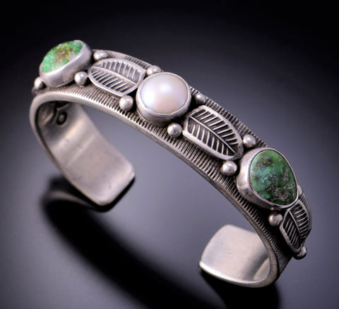 Silver & Sonoran Gold Turquoise Freshwater Pearls Bracelet by Erick Begay 3C24L
