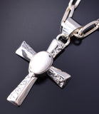 Navajo Handmade Silver Cross Pendant with White Buffalo Turquoise by Allen Lee 5L17X