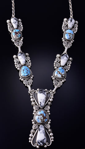Silver & Golden Hills Turquoise White Buffalo Navajo Necklace Erick Begay 5H03E
