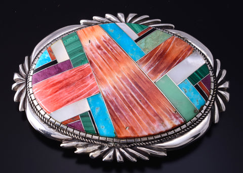 Vintage Silver & Turquoise Multistone Navajo Inlay Buckle by Ray Jack 5J29S