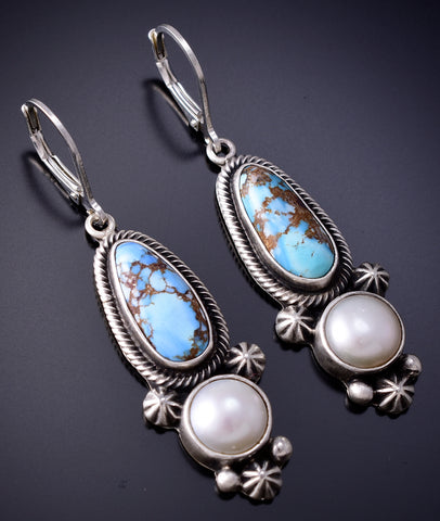 Silver & Golden Hills Turquoise w/ Fresh Pearl Navajo Earrings Erick Begay 6H17A