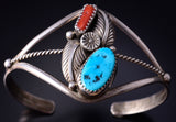 Vintage Silver & Turquoise w/ Coral Navajo Feathers Bracelet 5H25W