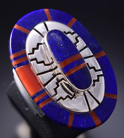 Vintage Size 6-1/4 Silver & Lapis w/ Coral Navajo Inlay Ring Richard Begay 6F09B