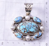 Silver & Golden Hills Turquoise Fresh Pearl Navajo Pendant by Erick Begay 6F27R