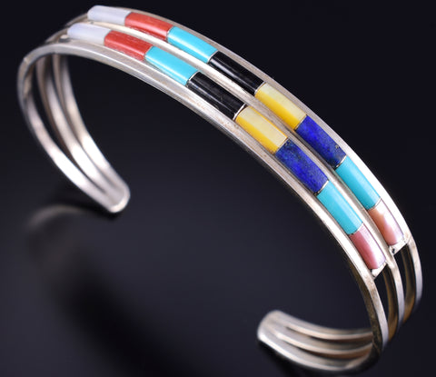 Silver & Turquoise Multistone Zuni Inlay Rainbow Bracelet by Ansom Wallace 5L17G