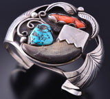 Vintage Silver & Turquoise & Faux Bear Claw Navajo Bracelet by E. King 3J30O