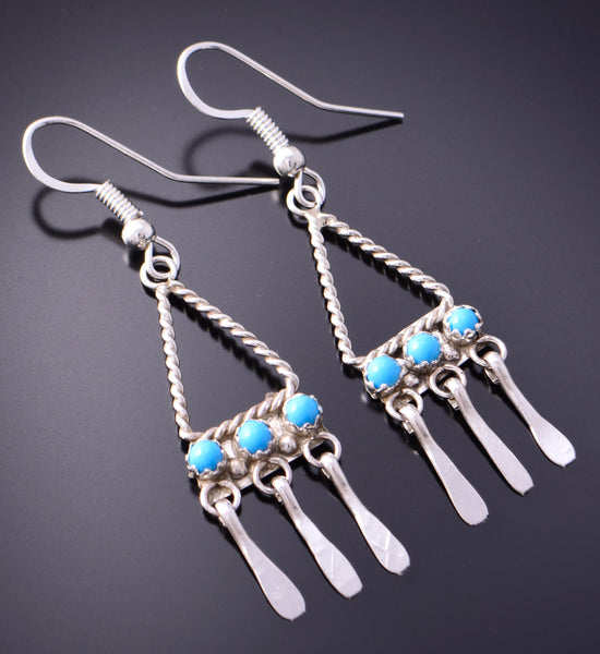 Silver & Turquoise Navajo Handmade Dangle Earrings by Sylvia Chee 3B10S