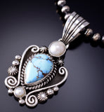Silver & Golden Hills Turquoise Fresh Pearl Navajo Pendant by Erick Begay 6F27X