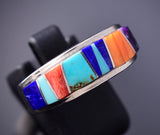 Size 7-1/2 Silver & Turquoise Multistone Navajo Inlay Ring Pamela Daniels 6F17H