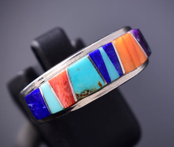 Size 7-1/2 Silver & Turquoise Multistone Navajo Inlay Ring Pamela Daniels 6F17H