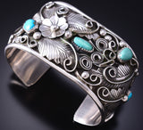Silver & Turquoise Navajo Feathers 'n Flowers Bracelet by Jerry Thompson 6H31W