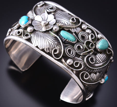Silver & Turquoise Navajo Feathers 'n Flowers Bracelet by Jerry Thompson 6H31W