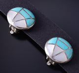 Vintage Silver & Turquoise Mother of Pearl Zuni Inlay Clip On Earrings 5F10Q