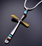 Silver & Turquoise Multistone Zuni Inlay Cross Pendant By Sylvester Noche - 6J31Y