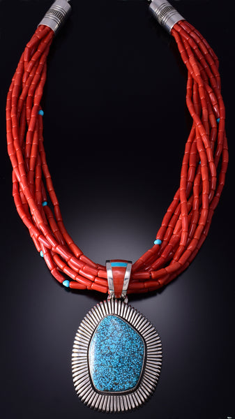 Silver & Kingman Turquoise w/ Coral Navajo Handmade Necklace Erick Begay 6C02Y