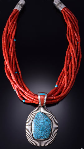Silver & Kingman Turquoise w/ Coral Navajo Handmade Necklace Erick Begay 6C02Y
