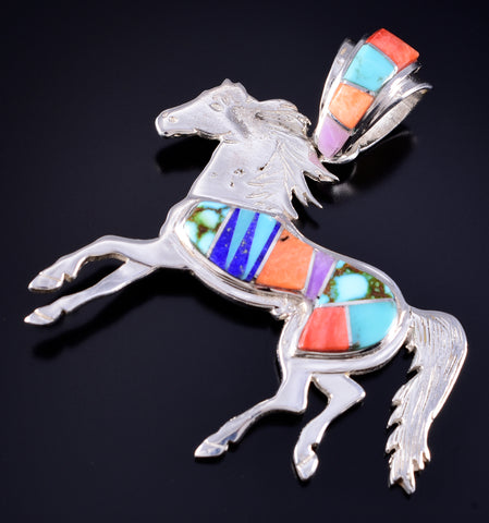 Silver Multistone Navajo Inlay Freedom Horse Pendant by Aldora Henry 5L20T