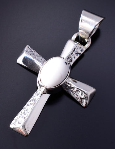Navajo Handmade Silver Cross Pendant with White Buffalo Turquoise by Allen Lee 5L17X