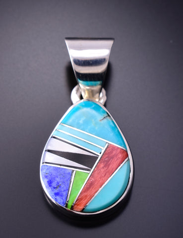 Silver & Turquoise Multistone Navajo Inlay Pendant by TSF 3L13Z