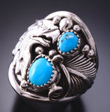 Size 9-3/4 Silver & Turquoise Eagle Navajo Ring by Jeanette Saunders 4A12H