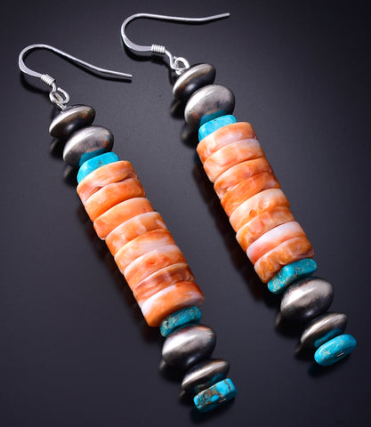 Spiny Oyster Shell & Turquoise Navajo Pearls Long Earrings 5G16P