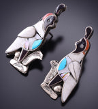 Vintage Silver & Turquoise Multistone Zuni Inlay Quail Family Earrings 3K09H