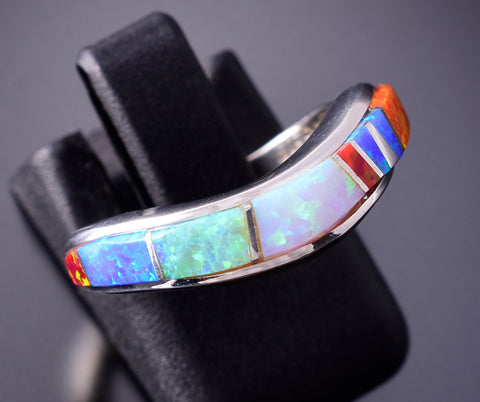Size 5-1/2 Silver & Opal Multistone Navajo Inlay Wave Ring 4B21F