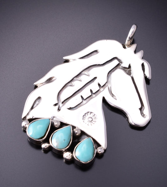 Silver & Turquoise Navajo Handmade Feather Horse Pendant by Robert Vandever 3G03U