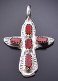 Silver & Coral Zuni Handmade Cross Pendant by Ceceilia Iule 6G29E