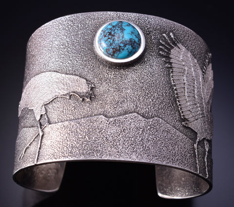 Silver & Bisbee Turquoise Tufacast Sandhill Crane Bracelet by Robert Begay 5B19O