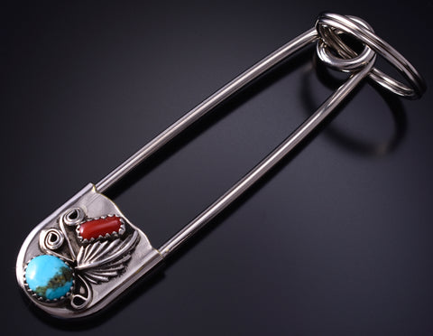 Silver & Turquoise w/ Coral Eagle Feather Navajo Safety Pin Key Ring 5B14E