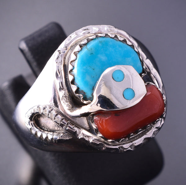 Size 6-1/2 Silver & Turquoise w' Coral Zuni Effie C. Snake Ring 4A12J