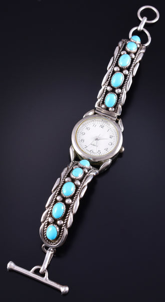 Vintage Silver & Turquoise Row Navajo Watchband w/ Watch by TG 5L17D