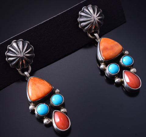 Silver & Turquoise Multistone Navajo Handmade Earrings by Derrick Gordon 5F10X