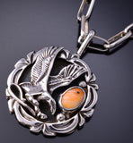 Silver & Spiny Oyster Shell "Eagle Landing" Navajo Pendant 6G29Q