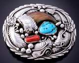 Vintage Silver & Turquoise & Coral w/ Faux Bear Claw Navajo Buckle 3J30Q